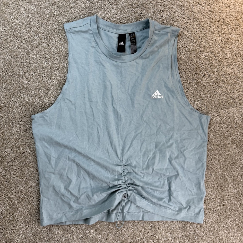 Adidas Tank Top Womens Large Blue Cropped Ruched Front Sleeveless Workout Gym